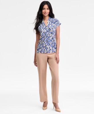 Women's Pleated V-Neck Cap-Sleeve Blouse, Regular & Petite