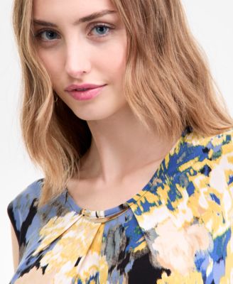 Women's Printed Pleated-Neck Cap-Sleeve Top