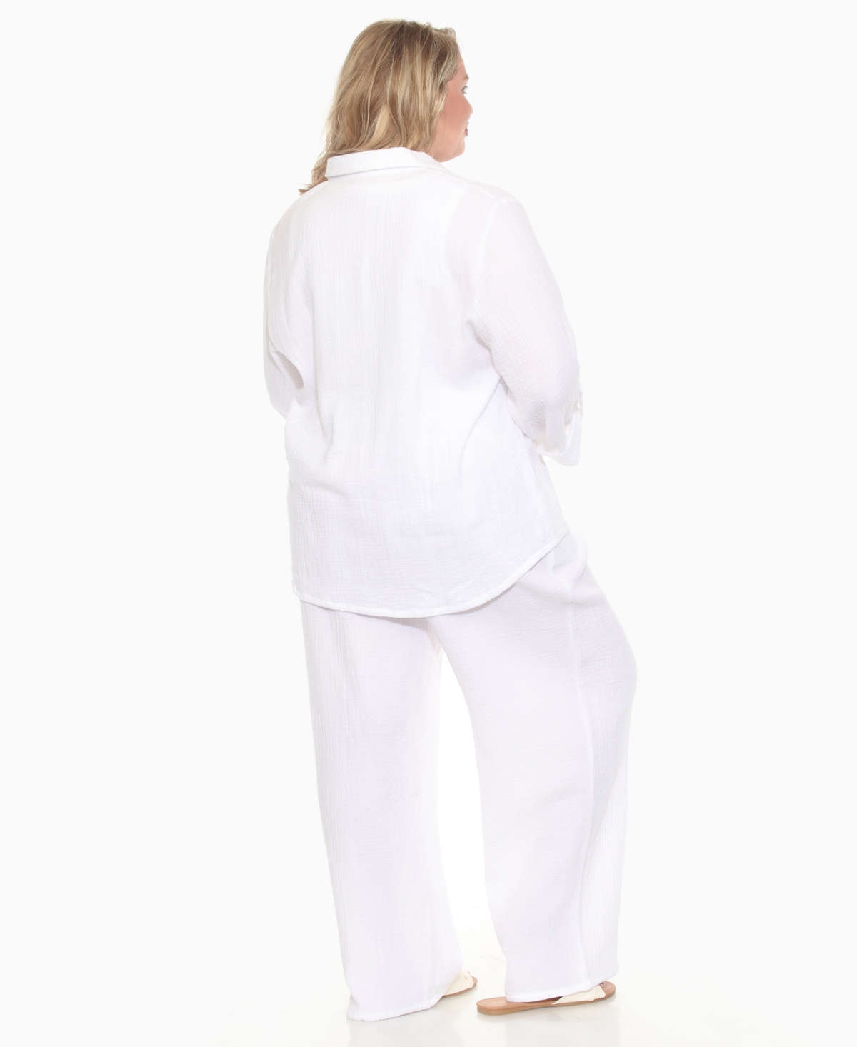 White Mark Plus Size Long Sleeve Button Down Cotton Gauze Set In White