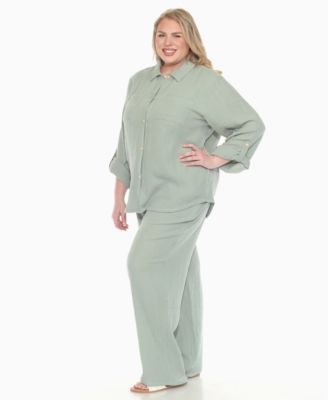 Plus Size Long Sleeve Button Down Cotton Gauze Set
