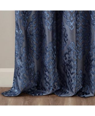 Mirage Knitted Jacquard Damask Total blackout curtains for bedroom, Silver grommet top fit up to 1.25 inches rod Single Curtain Panel for Living Room, Width 50 length 108 inches, Pitch Black Ambiance Navy 1 Window Panel