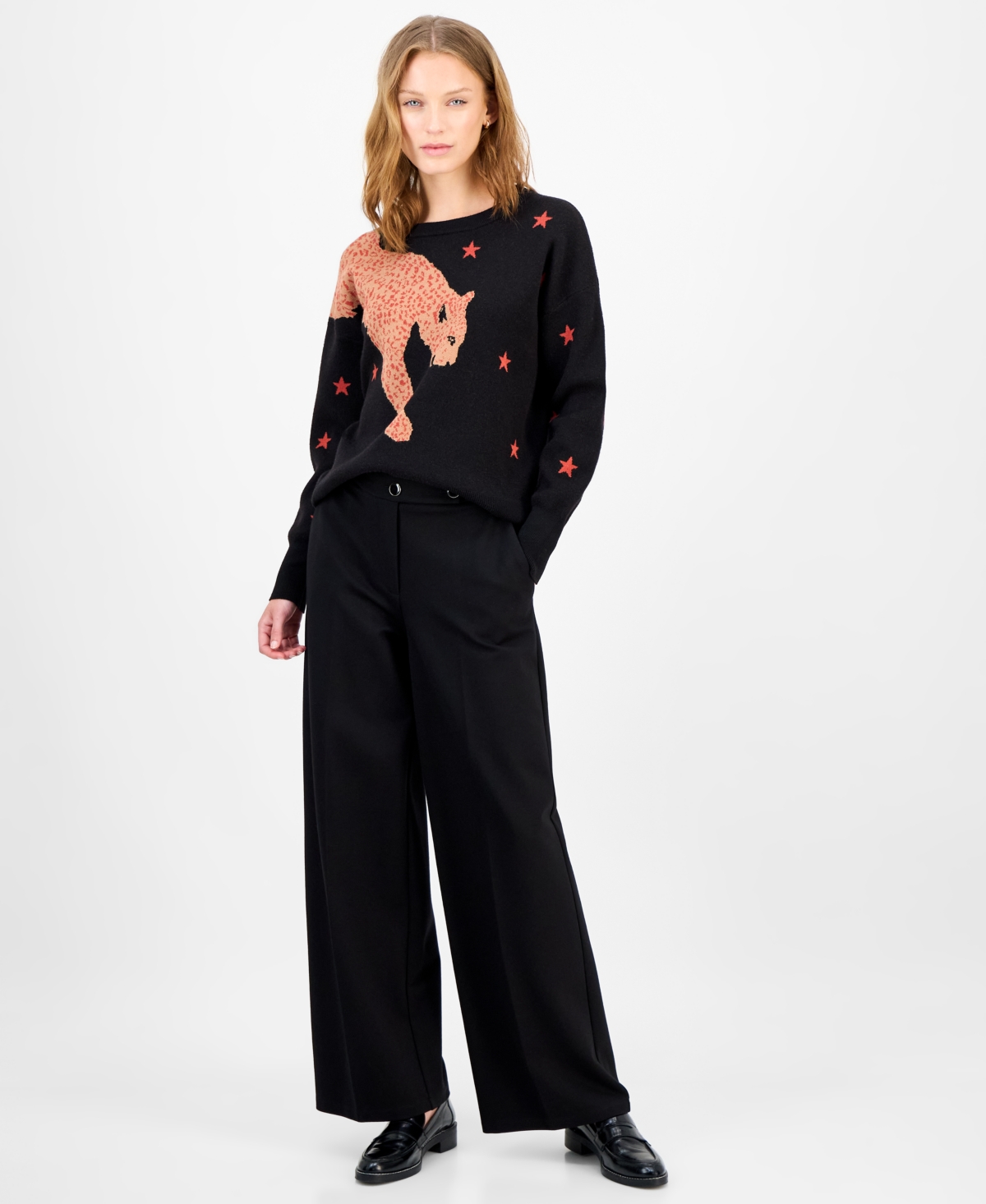 T Tahari Women's Star-Print Cheetah Graphic Sweater