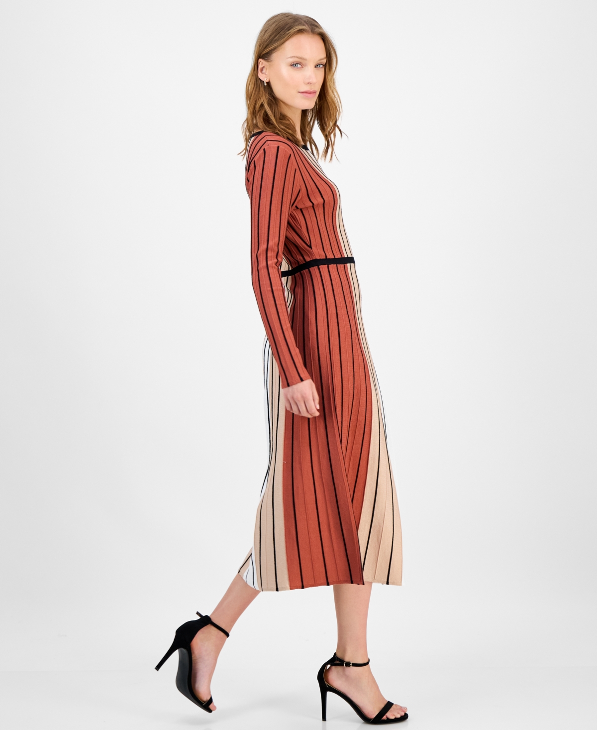 T Tahari Long Sleeve Round Neck Vertical Color Block Stripe Dress In Multi