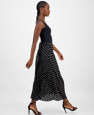 Women's Dot-Print Pleated Flared Maxi Skirt