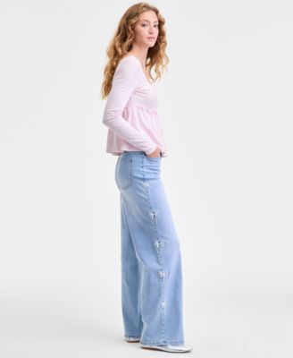 Juniors' Ultra 90s High-Rise Bow-Trim Jeans 