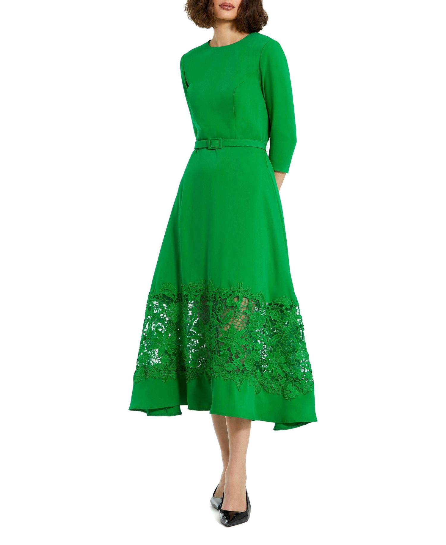 Women's Crepe Boat Neck Applique Cut Out Detail Midi Dress