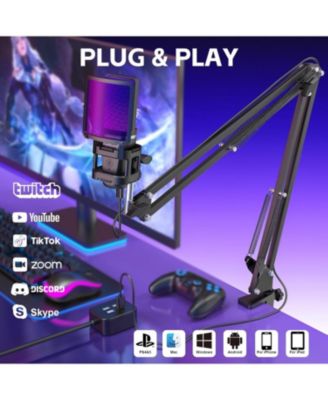 Gaming USB Microphone, Noise-Canceling Condenser Mic with RGB, Mute, Gain, Monitoring, Boom Arm, Pop Filter for PC, PS4, PS5, Twitch