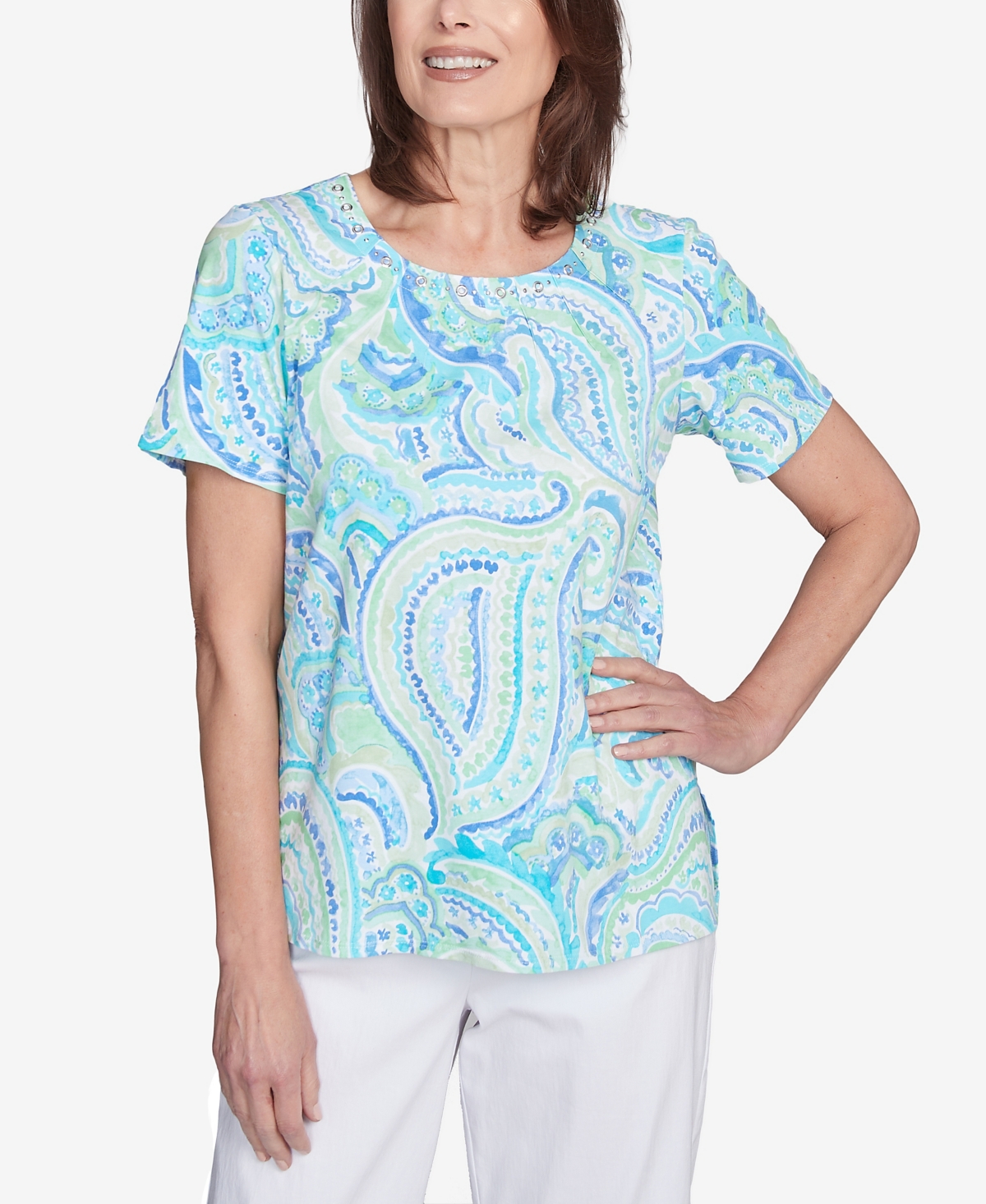 Alfred Dunner Petite Pleated Crew Neck Paisley Top In Blue