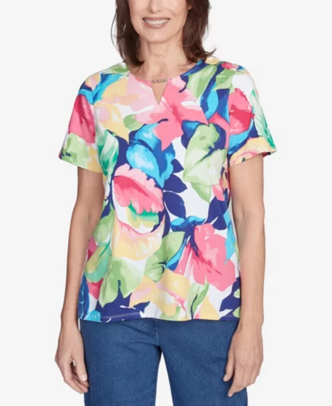 Petite  Tropical Leaf Split Beaded Neck Top - Bright