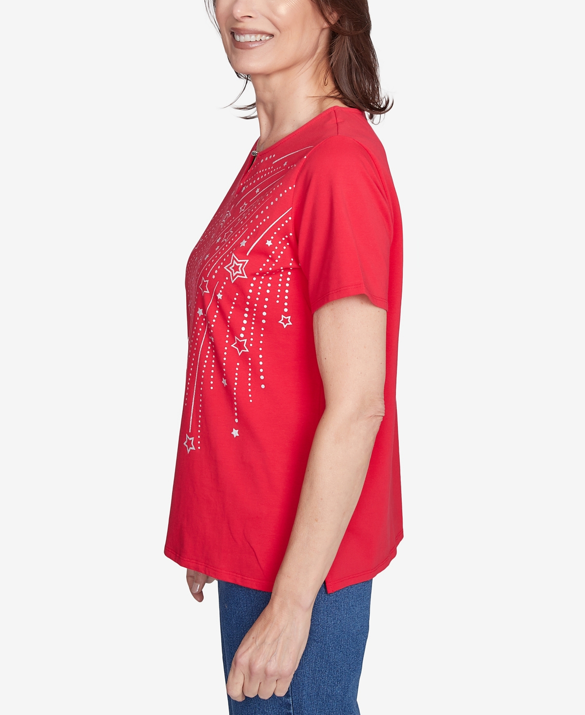 Alfred Dunner Petite Dazzling Shooting Stars With Beaded Split Neck Top In Red