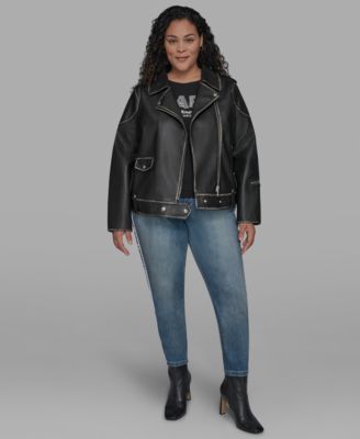 Plus Size Asymmetric Faux-Leather Belted Moto Coat