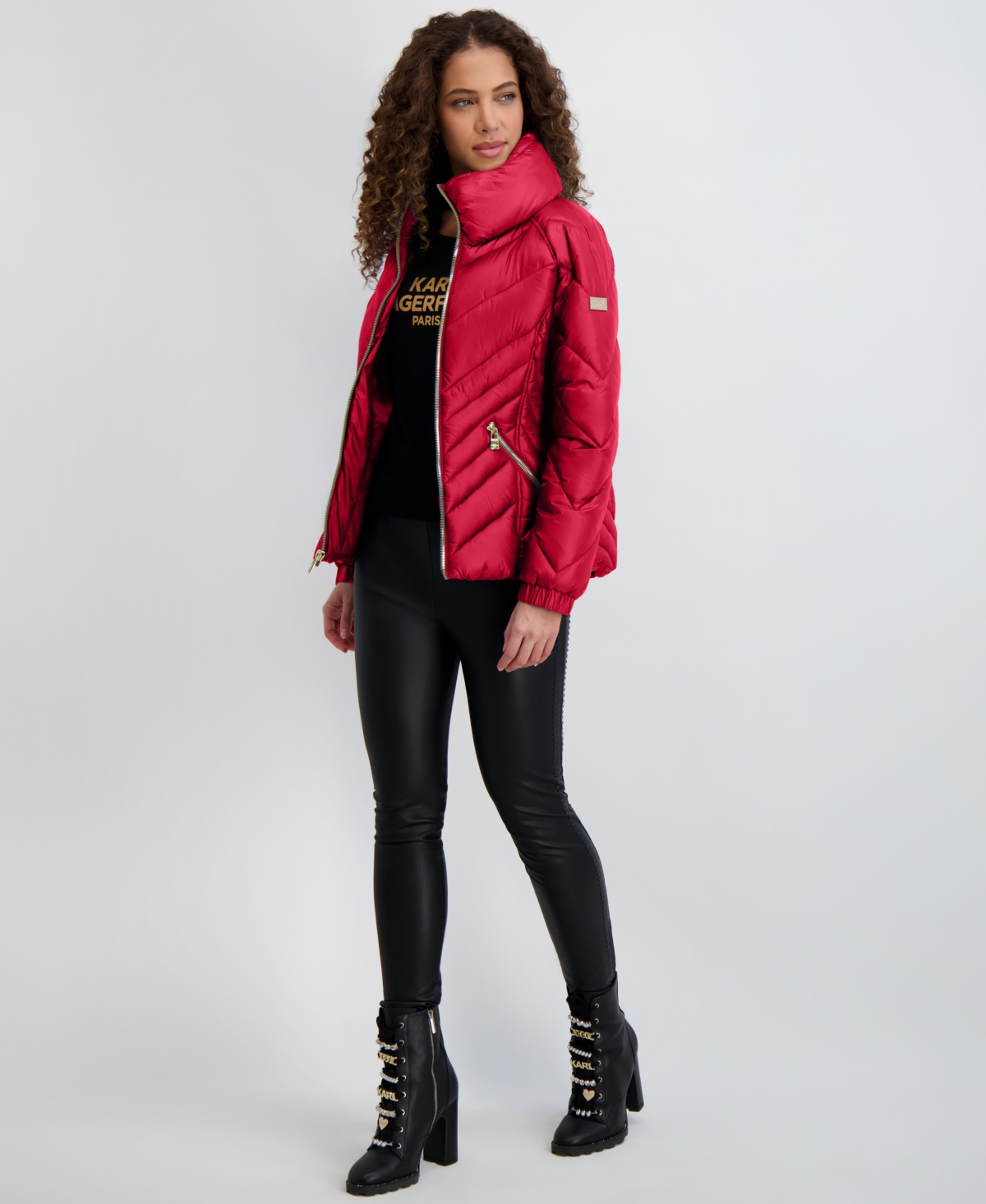 Karl Lagerfeld Women's Pillow-collar Puffer Coat In Red