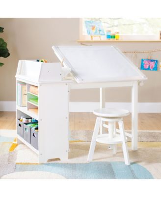 Design Studio – White: 3-in-1 Kids Art Table & Stool, Writing, Painting & Drafting Table w/ Craft Storage & Bins, Art Easel with Paper Roll