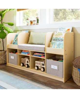 EdQ Reading Nook - Natural: Children's Wooden Bedroom Reading Bench, Kids' Bookshelf, Toy Cubby Organizer and Cube Storage