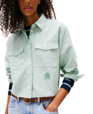 Women's Cotton Crop Button-Front Crest Shirt
