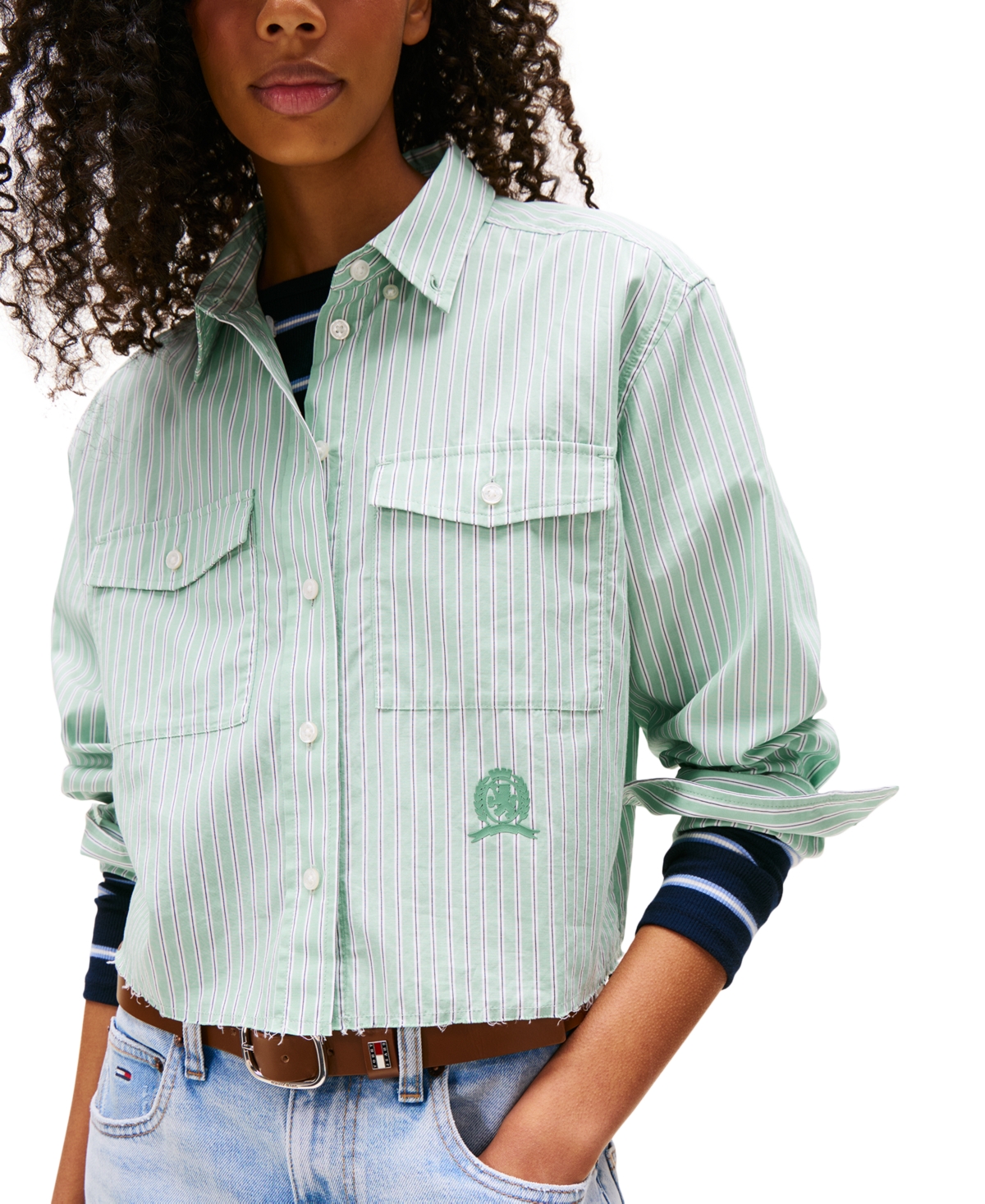Tommy Jeans Women's Cotton Crop Button-front Crest Shirt In Green