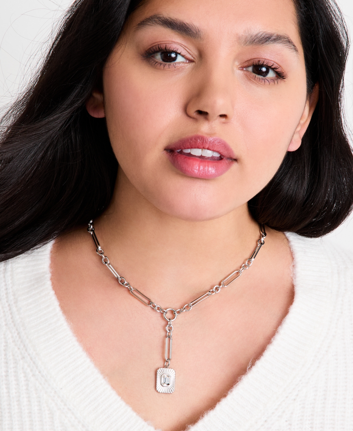 On 34th Crystal Charm Lariat Necklace, 16" + 3" Extender, Macy's Exclusive In Silver