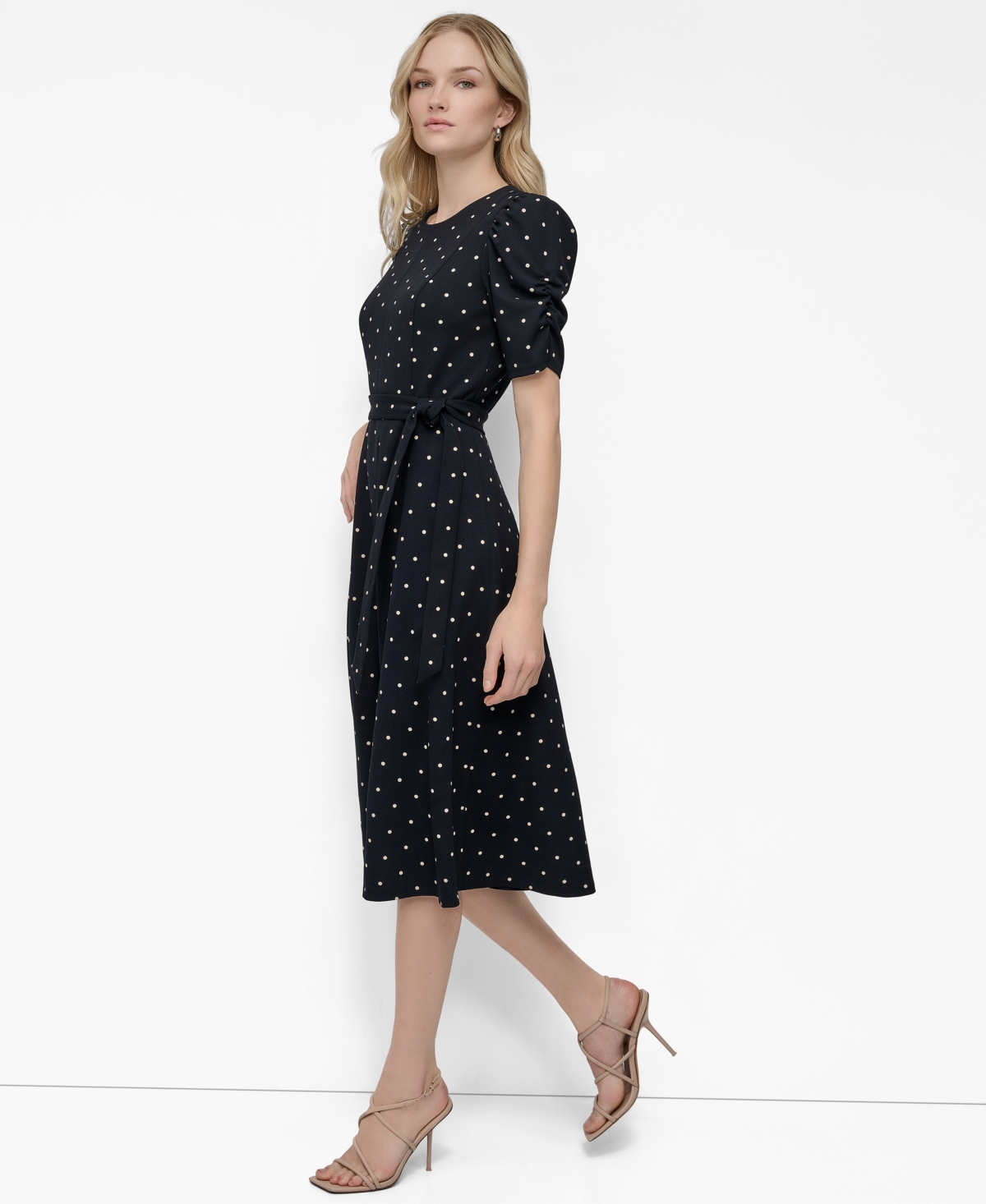 Dkny Polka-dot Midi Dress In Black