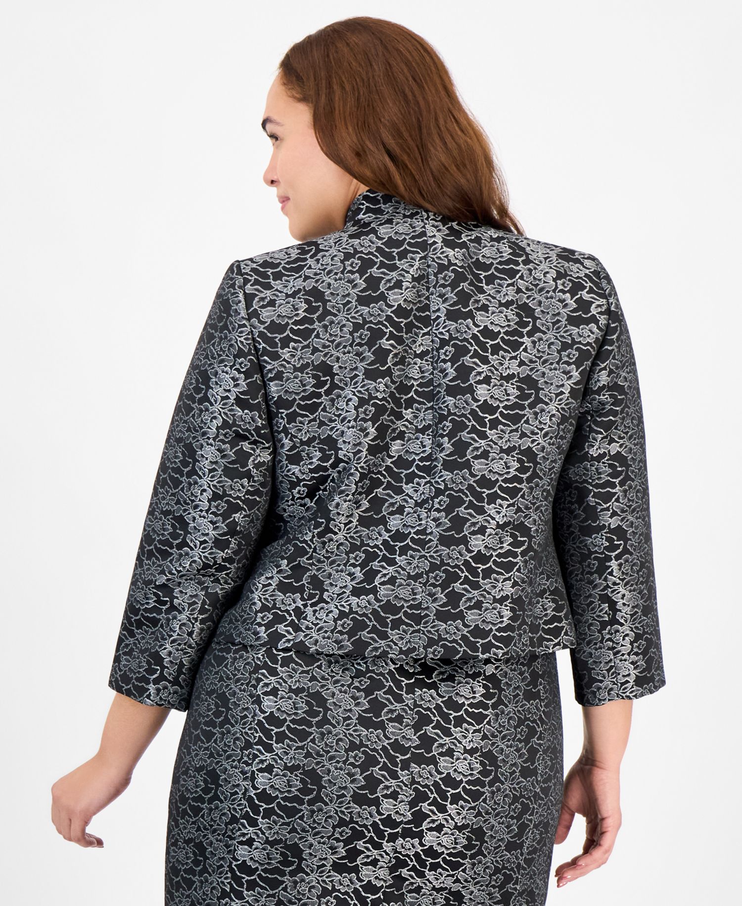 Plus Size Floral Jacquard Sleeveless Sheath 2 Piece Dress Suit