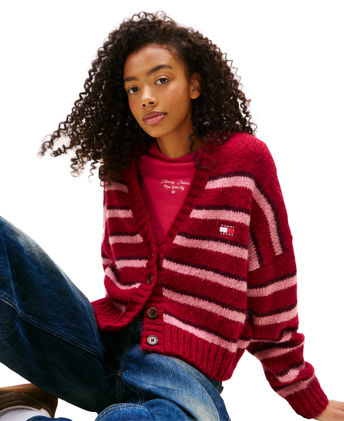 Tommy Jeans Fluffy Badge Cardigan In Red