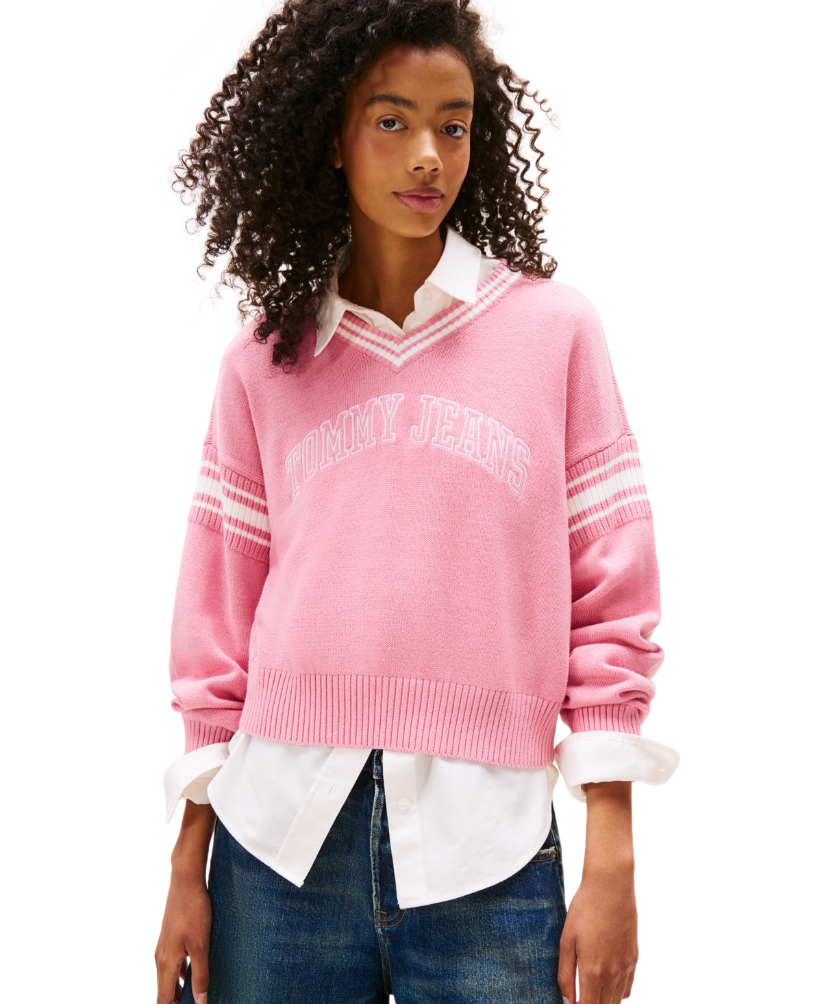Tommy Jeans Women's Varsity V-neck Cotton Sweater In Pink