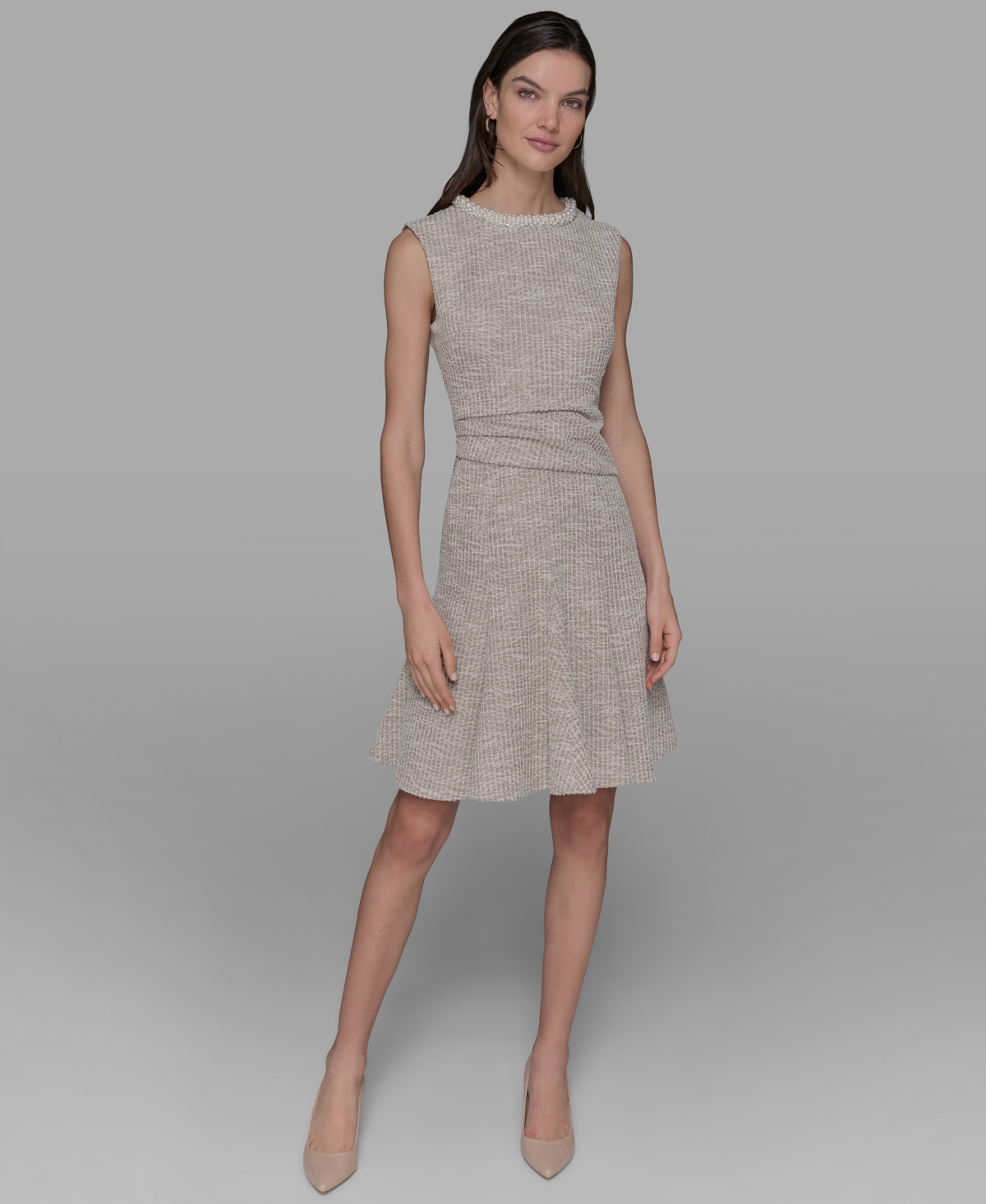 Women's Stretch Textured Knit Tweed A-Line Dress - Truffle/soft White