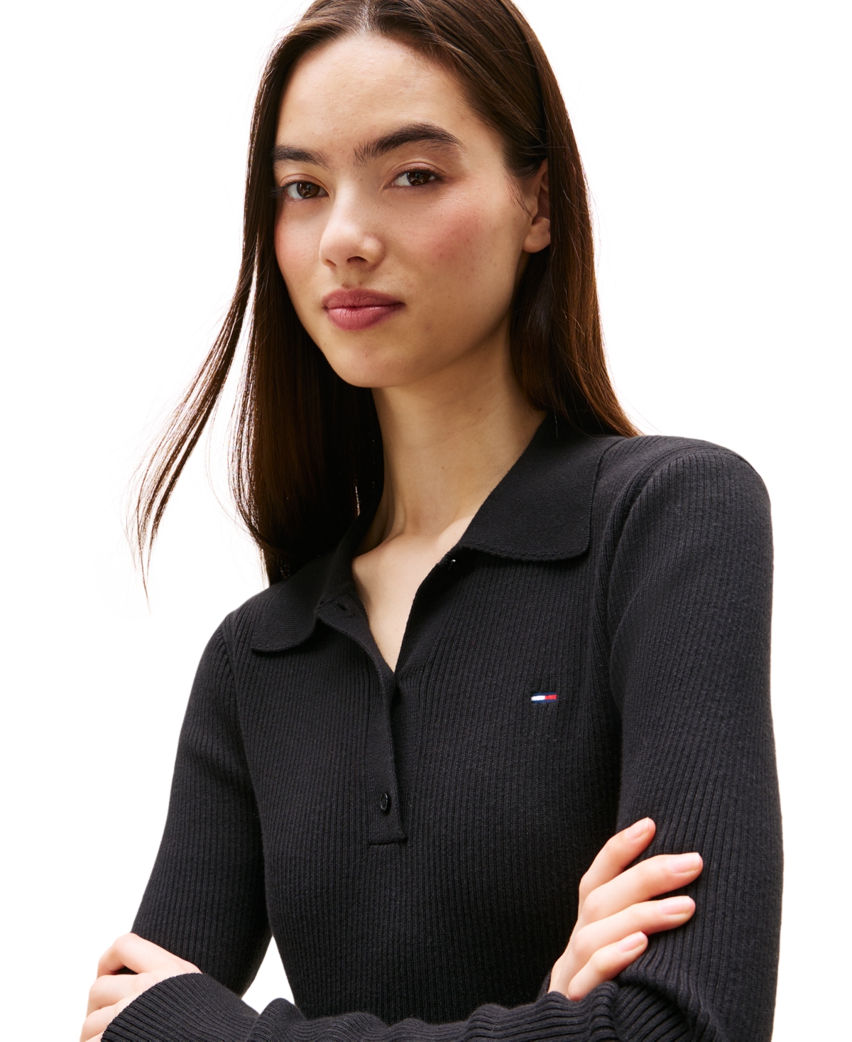 Tommy Jeans Women's Essential Polo Long-sleeve Cotton Sweater In Black