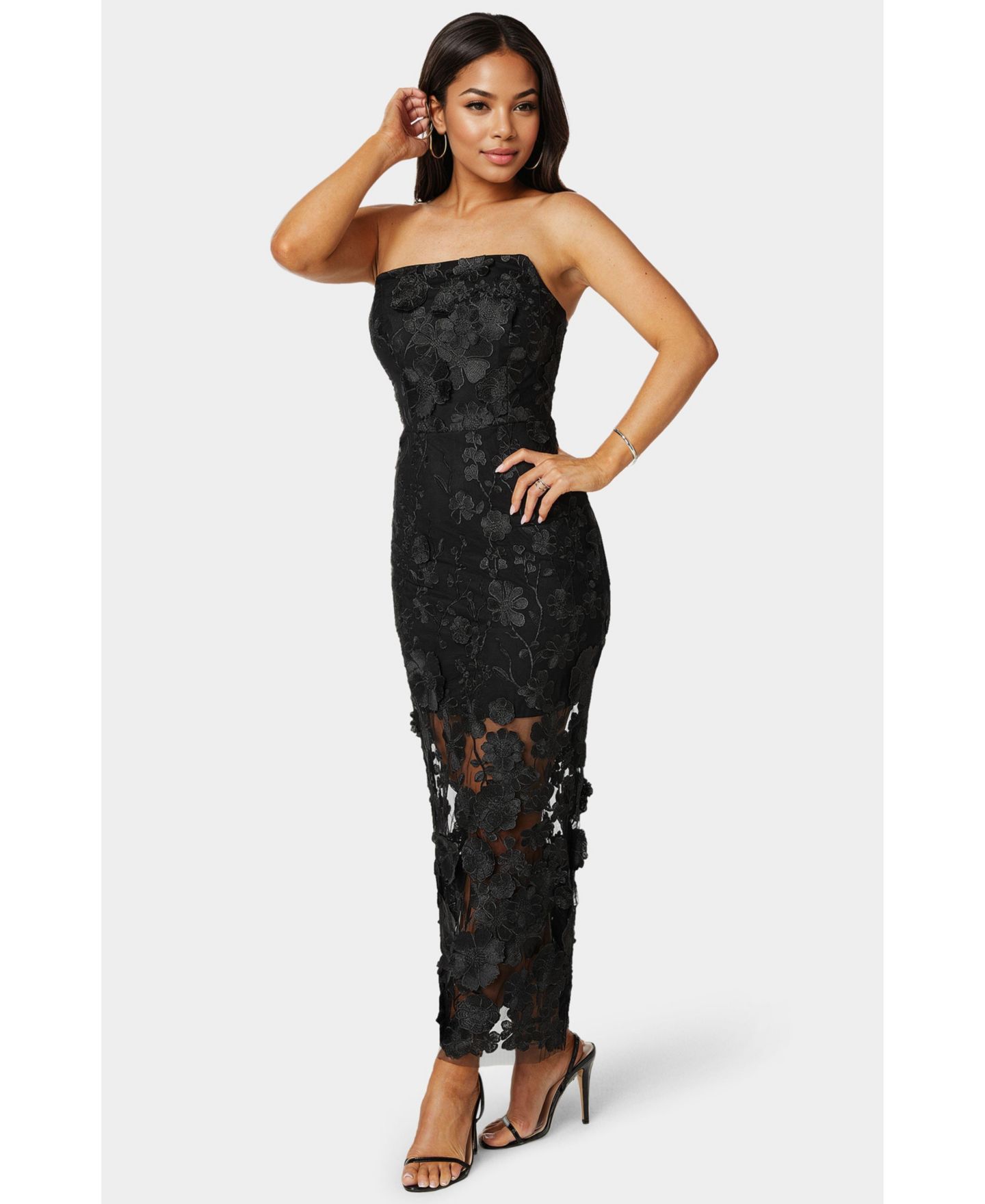 Женское платье Bebe Strapless 3D Lace Column, цвет: Чёрный — фото 2