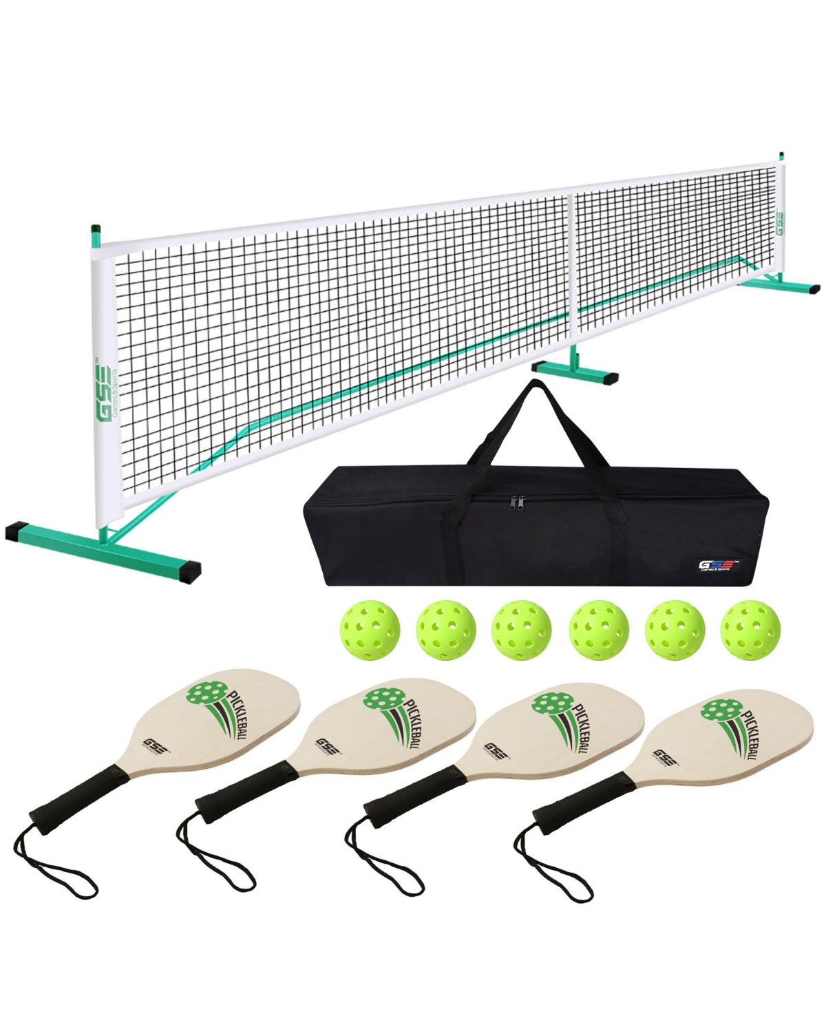 Pickleball Complete Net Set with Pickleball Net, 4 Pickleball Paddles, 6 Pickleballs, Carrying Bag (Orange/Green) - Green