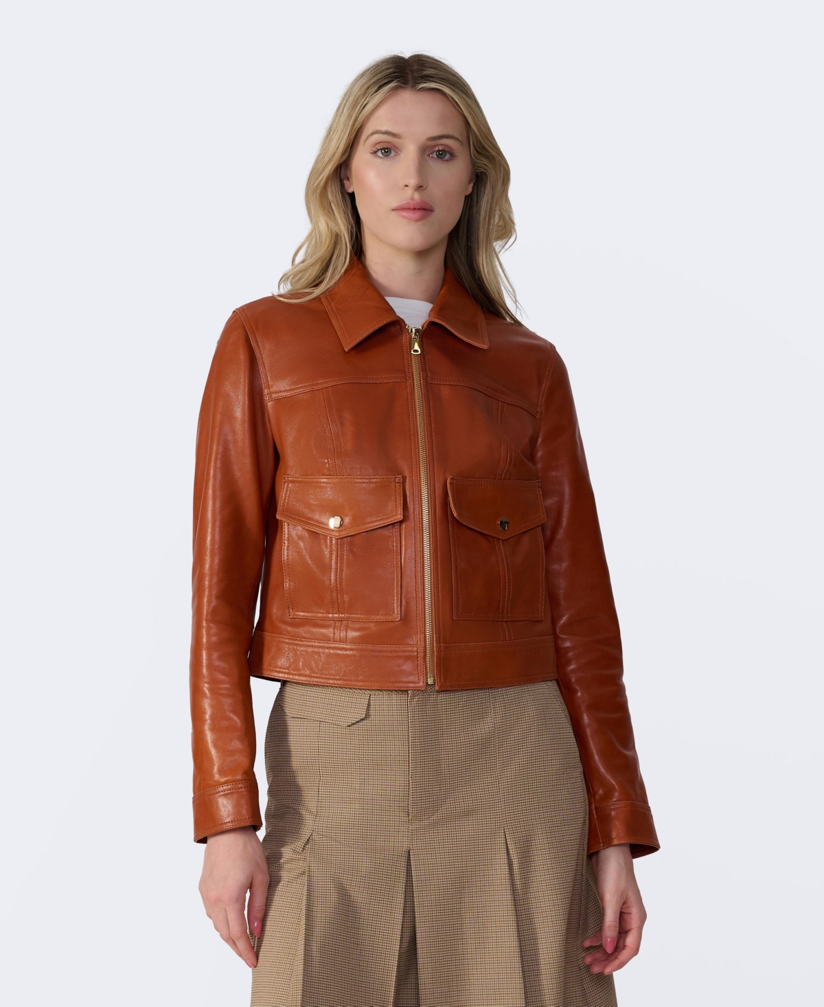 Women's Bomber Leather Jacket, Created for Macy's - Whiskey brown