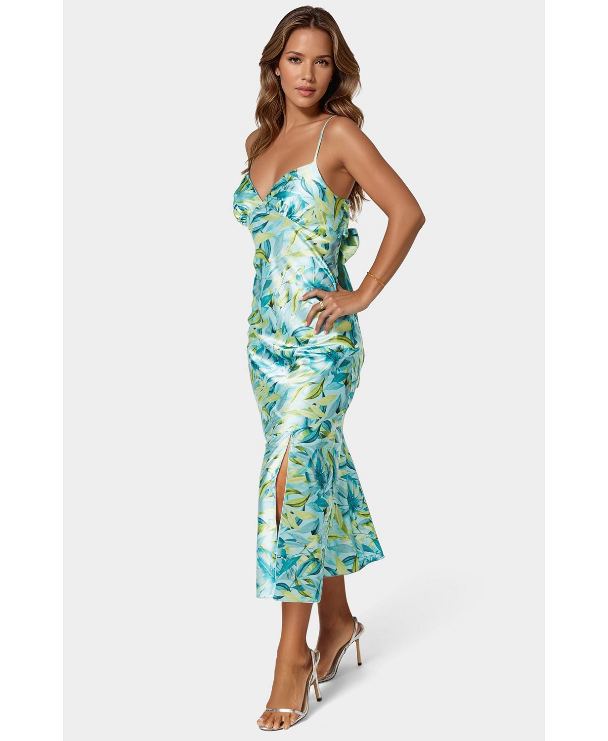 Women's Printed Satin Flounce Maxi Dress