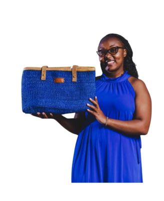 Nourishment Rectangular Handmade Laptop Work Sisal Straw Blue Basket Tote Handbag