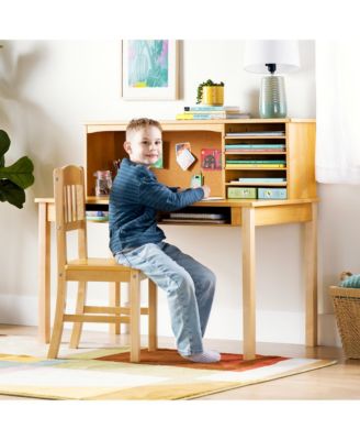 Kids' Media Desk with Hutch and Chair Set – Natural: Kids Table and Chair Set, Computer Desk with Storage Hutch, Kids Bedroom Furniture Set