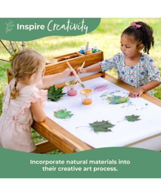 Acadia Outdoor Art Table and Stool Set: Acacia Wood Arts & Crafts Table w/ Storage Paper Roll & Paint Cups Multi Purpose Kids Picnic Table