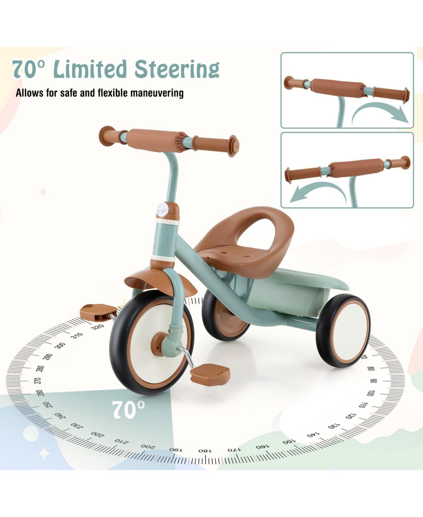Детская игрушка Mecale Toddler Tricycle Kids Trike with Adjustable Seat and Storage Basket Aged 3-5 Years Old, цвет: Зелёный — фото 5