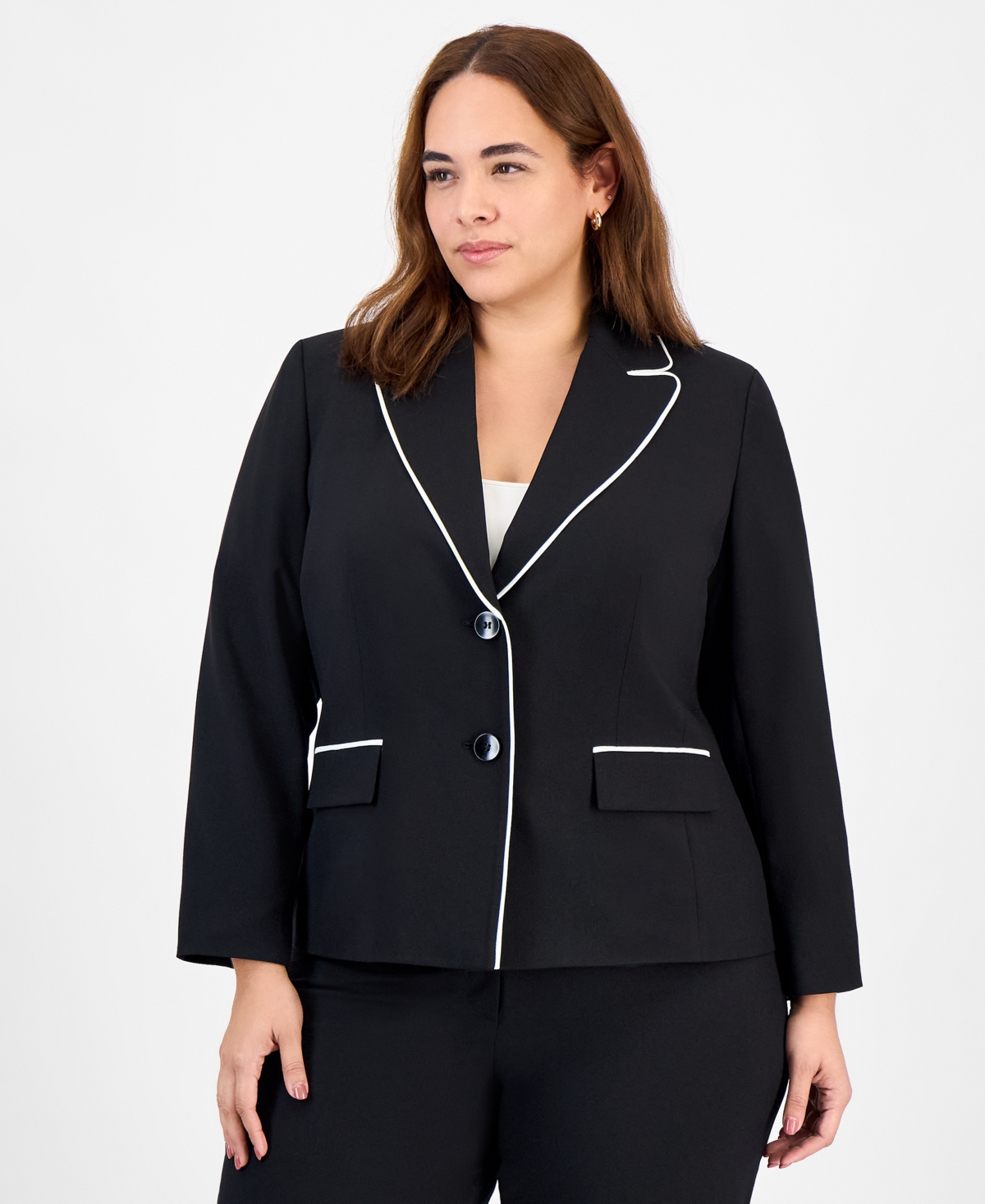 Le Suit Plus Size Piping-trim Peak-lapel Pantsuit Set In Black