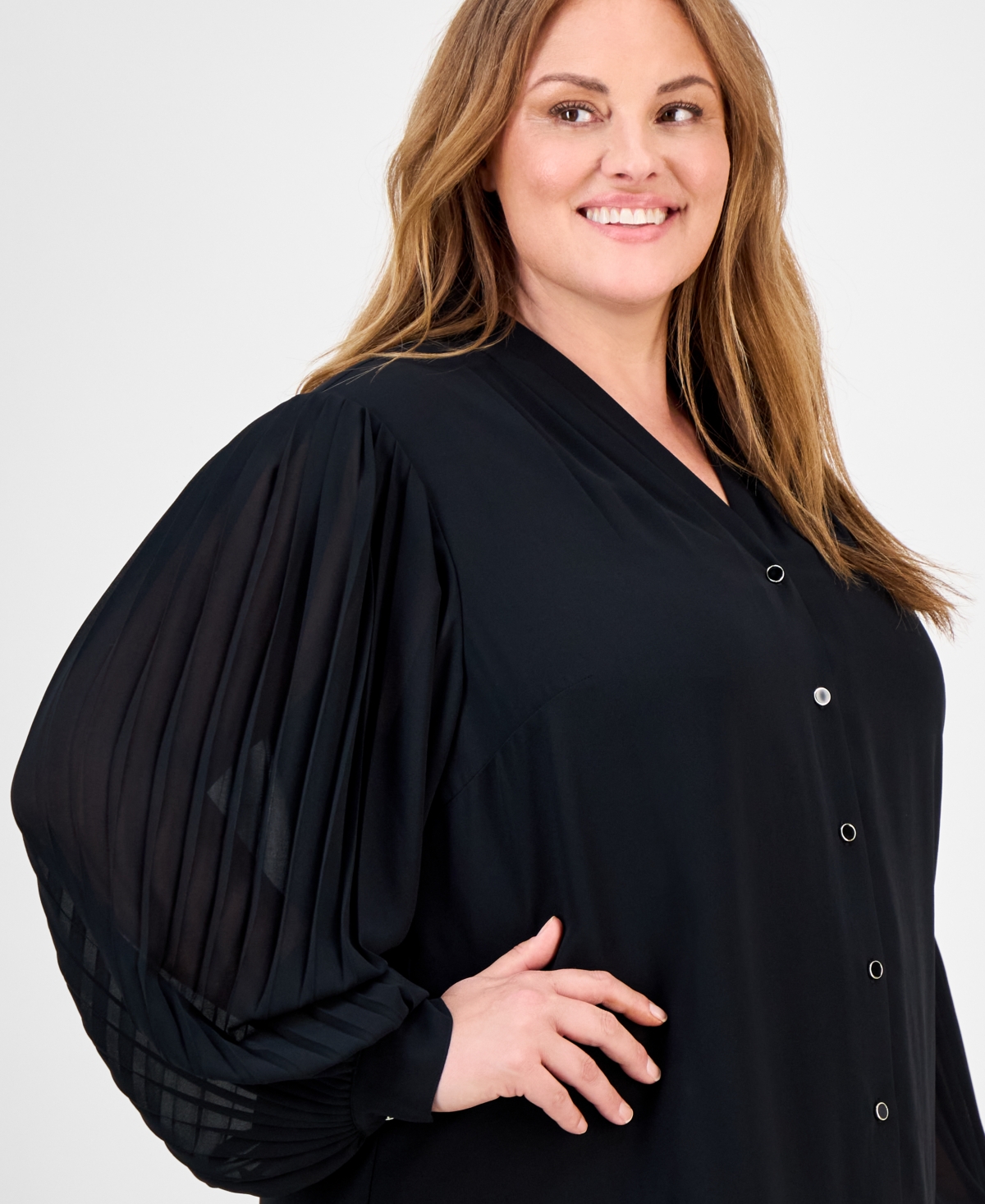 Anne Klein Plus Size V-neck Button-down Top In Black