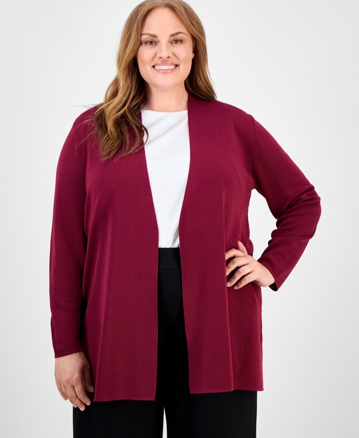 Anne Klein Plus Size Napa Kissing-front Cardigan Sweater In Burgundy
