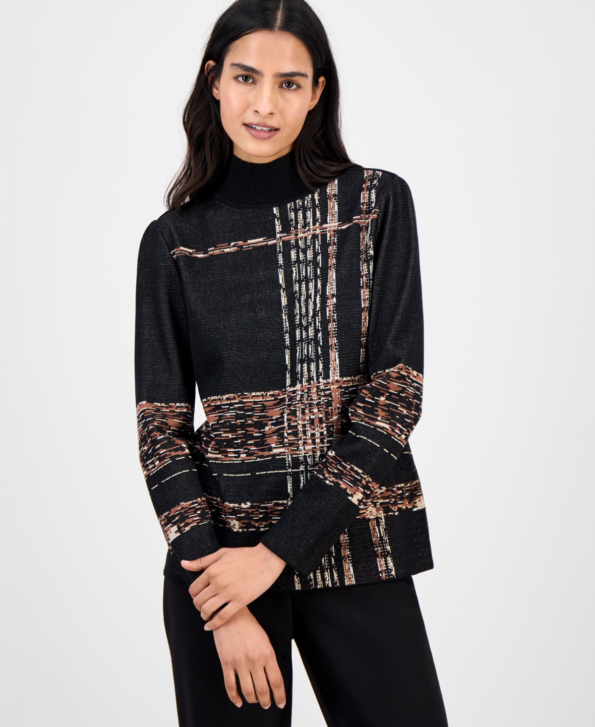 Women's Abstract Plaid Long-Sleeve Turtleneck Sweater - Anne Black Multi