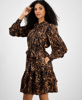 Petite Cat-Print Belted Shirtdress