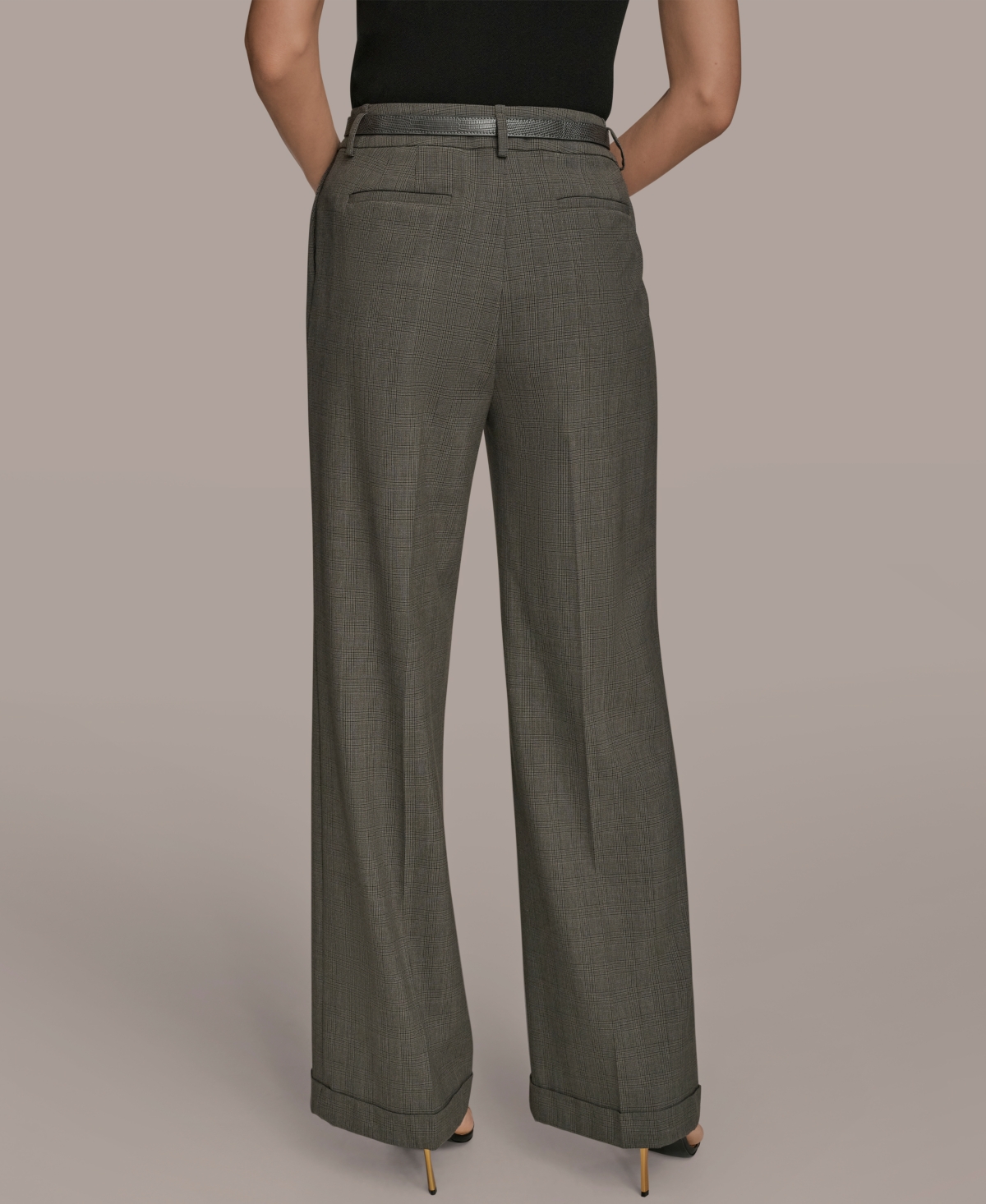 Donna Karan New York Belted Plaid Wide Leg Pants In Gray
