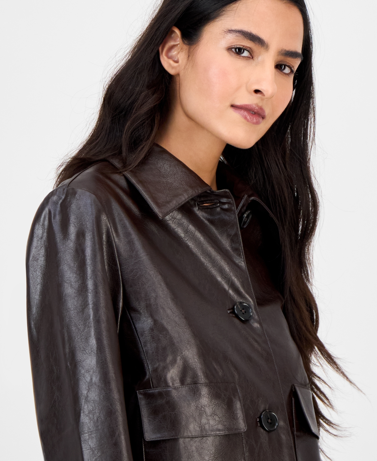 Anne Klein Women's Faux Leather Front-button Jacket In Brown
