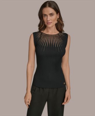 Donna Karan New York - Women's Cap-Sleeve Mesh-Detail Knit Sweater Top