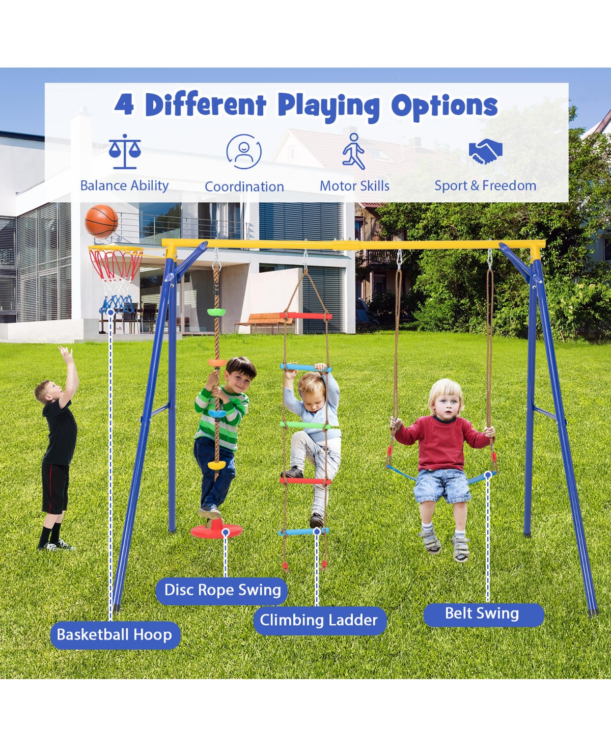 Gymax 4-in-1 Kids Swing Set Carbon Steel Swing Stand w/ Basketball Hoop Climbing Ladder