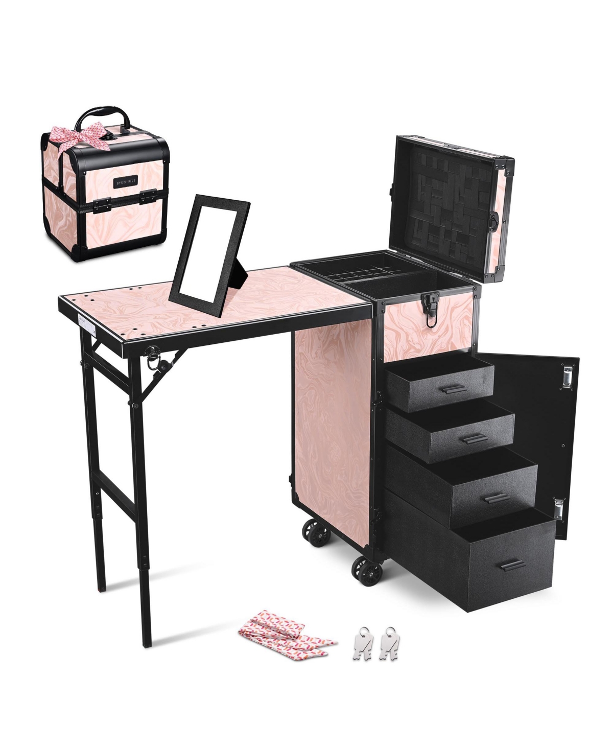 Rolling Nail Table w/ Makeup Case Cosmetic Organizer Aluminum Pink - Natrual