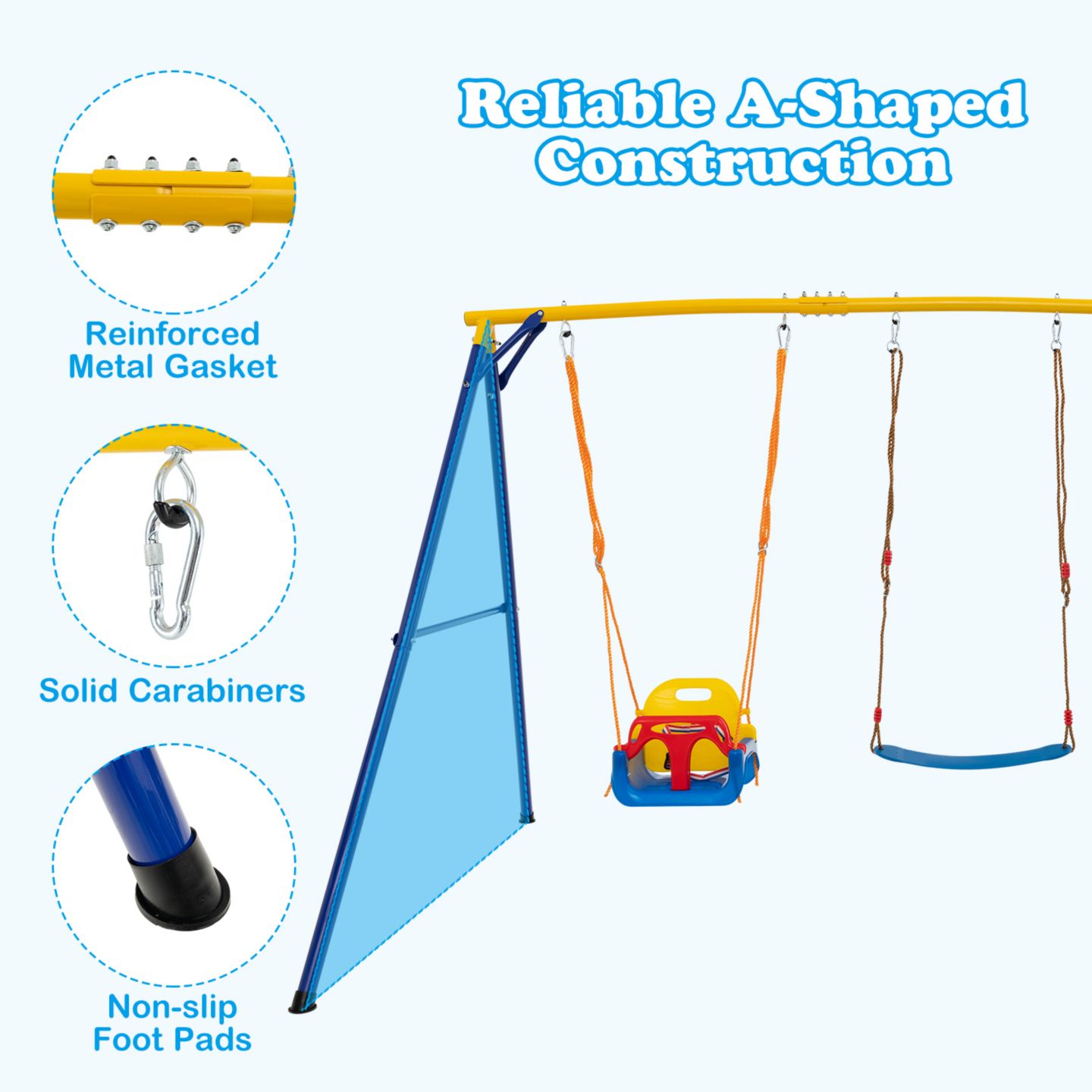 Детские игрушки Gymax 3-in-1 Kids Carbon Steel Adjustable Swing Set, 660 Lbs, Ages 3-10, цвет: Жёлтый синий — фото 6