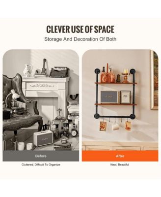 Wall-Mount Industrial Pipe Shelf 2 Tier for Kitchen Bedroom or Office Storage