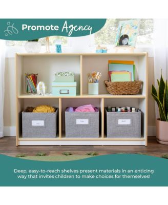 EdQ 2-Shelf 5-Compartment Storage 30" - Natural: Kids' Wooden Classroom Bookshelf, Art and Craft Supply Furniture with Bins