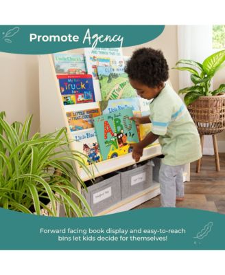 EdQ Book and Bin Display - White: Children's Wooden Bookcase with Shelves and Storage Bins for Kids' Books and Toys