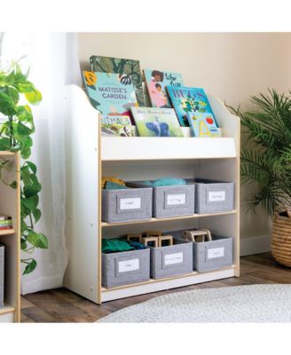 EdQ Book and Bin Browser - Natural: Children's Tall Wooden Bookshelf to Display and Organize Kids' Books in Playroom